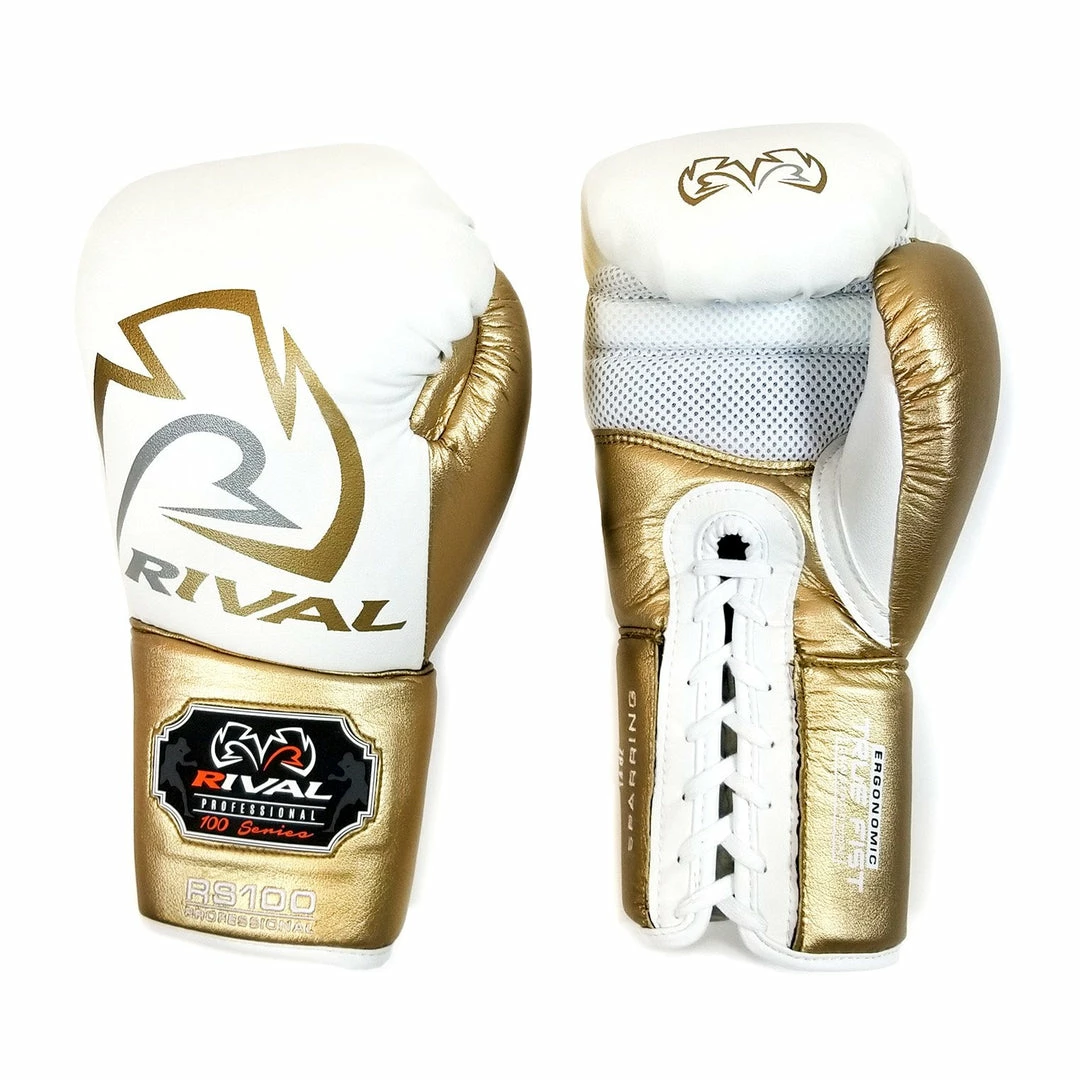 Rival Boxing RS100 Professional Sparring Lace-Up Gloves White/Gold 3 Rival Boxing RS100 Professional Sparring Lace-Up Gloves White/Gold