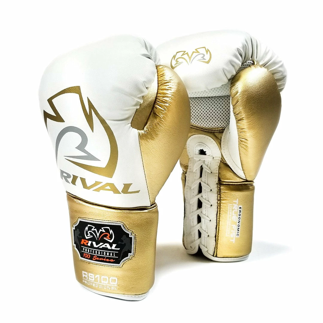 Rival Boxing RS100 Professional Sparring Lace-Up Gloves White/Gold 2 Rival Boxing RS100 Professional Sparring Lace-Up Gloves White/Gold